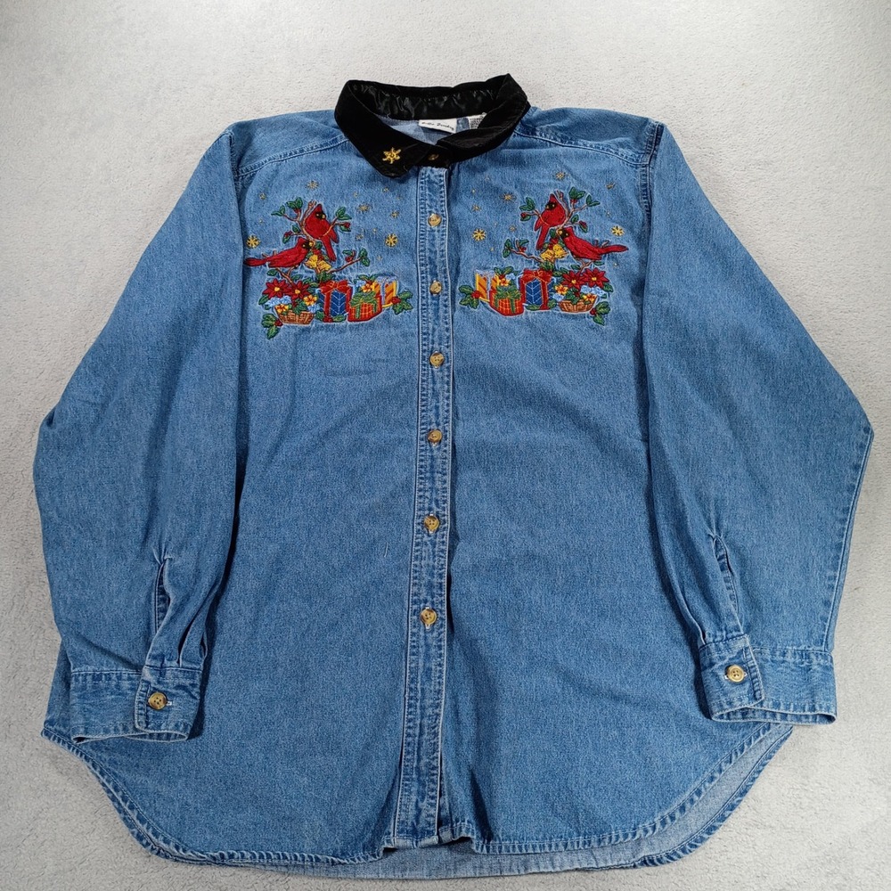 Bobbie Brooks Womens Holiday Denim Shirt Blue XL Embroidered Cardinal Poinsettia
